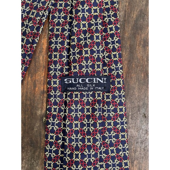 Guccini Mens Silk Italian Neck Tie Red Navy Tan Geometric Pattern Corp Preppy - Picture 4 of 5